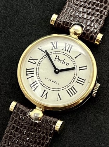 Vtg 1970 PEDRE Women 30mm Swiss Mechanical Hand Wind Watch 17j Gold Brown Lizard - Picture 4 of 12