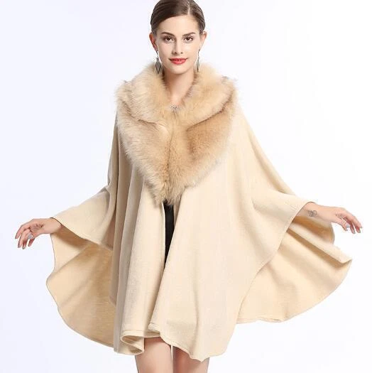 Faux Fox Fur Collar Loose Ladies Oversize Knitted Cape Poncho Western Overcoat - Image 2 of 4