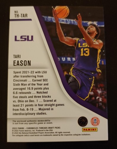 π2022 Tari Eason RC Panini Chronicles Threads Draft Picks TH-TAR jersey LSU - Picture 3 of 3