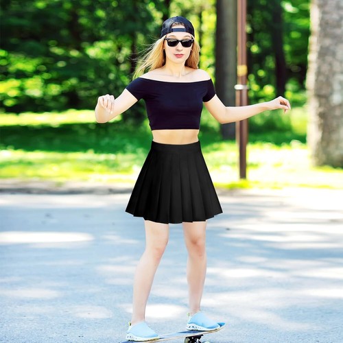 Womens Girl High Waisted Pleated Skirt A-Line Mini School Medium, Black - Picture 7 of 7