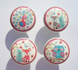 4 Tribal Fox Peacock Owl Coral Turquoise Dresser Drawer Knobs Made