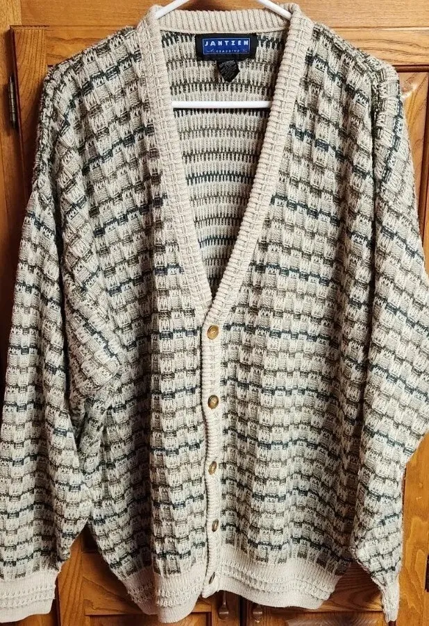 VTG JANTZEN Men Sz XL Sweater Multicolor Textured Knit Cardigan Buttoned  Grandpa
