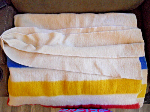 VTG Heavy Wool Cream Colored Blanket with 3 Stripes of Red Yellow Blue 58" x 84" - Picture 3 of 6