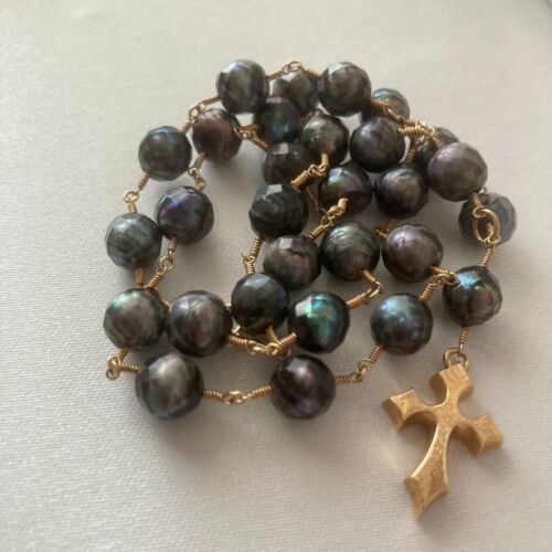 MIZUKI Goltz Faceted cut Black Pearl Cross 14k Gold Lariat Pendant Necklace - Picture 2 of 7