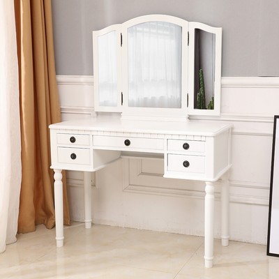 Tri Folding Mirror Vintage Vanity Makeup Dressing Table Set 5 Drawers White Tri Folding Mirror Vintage Vanity, Vintage Vanity Desk With Mirror