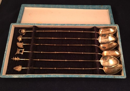6 Japanese Sterling Silver 950 Ice Tea Spoons in Box