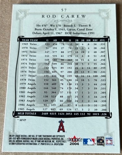 Carta ROD CAREW 2004 FLEER GREATS #57 Nuova Terra-Condizione - Foto 2 di 2