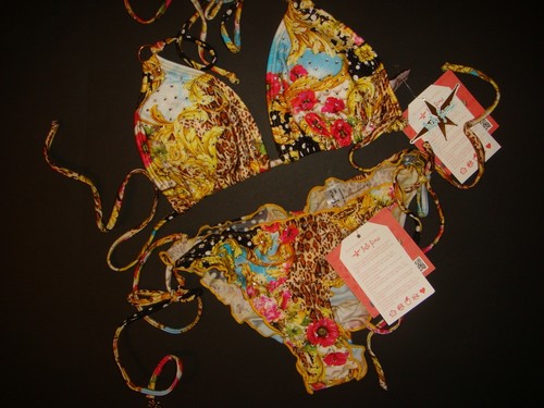 NWT Luli Fama S BIKINI+romper/jumpsuit SUPER SEXY 60's yellow pink POPPY crystal - Picture 5 of 7