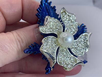Flower Leaf Clear Pave Rhinestone Double Vintage Silver