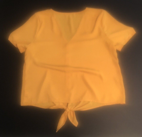 Madewell Womens Top Medium Mustard Yellow Bow Tie Front V Neck Orange M EUC SS - Picture 5 of 5