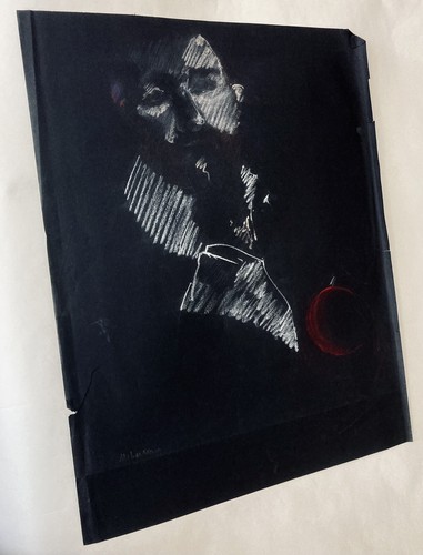 Chiaroscuro Portrait in White Chalk & Red Pastel 26" Man in Monochrome Fashion - Picture 5 of 6