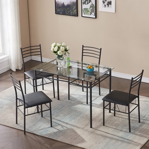 5 Piece Dining Table and Chairs Set Glass Metal Home Kitchen Breakfast Furniture - Picture 5 of 12