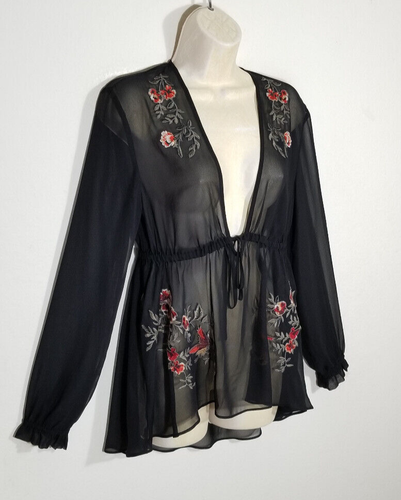 Express Women Small Black Top Blouse Floral Embroidered Semi Sheer Deep V-neck - Picture 2 of 11