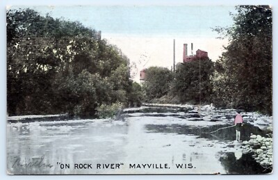 Mayville, Wisconsin WI ''On Rock River'' Boy Fishing Vintage 1906 Postcard