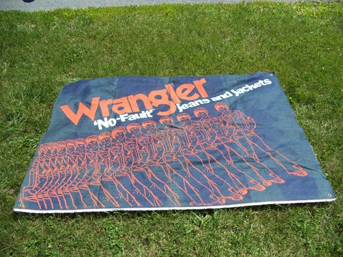 Vintage 1970s Wrangler Store Promotional Denim Cloth Banner No Fault Jeans - Picture 2 of 11