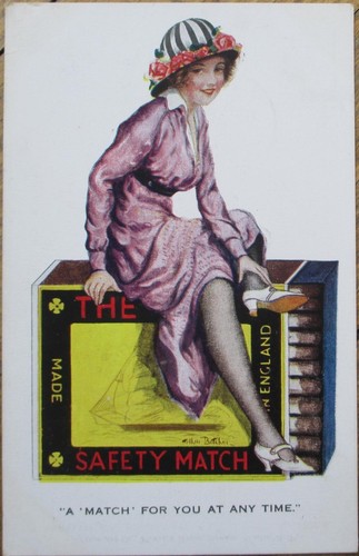 Matchbox Woman 1917 Arthur Butcher Artist Signed Glamour Postcard, Match for You