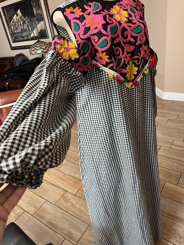 Dress Caftan Maxi Ethnic Cold Shoulder Arabic Embroidery Checkers Sz L n3 - Picture 3 of 12