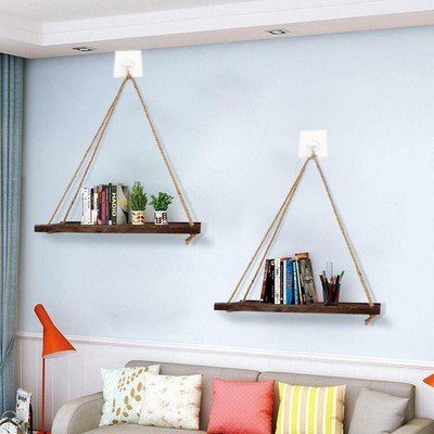 Flower Pot Stand Wood Swing Hanging Rope Wall Mounted ...