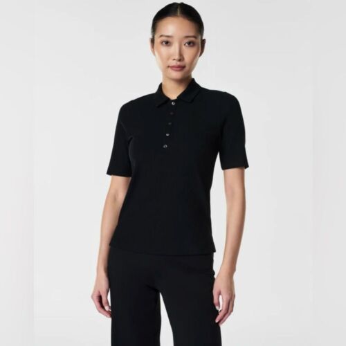 Spanx Stretch Rib Polo Top Women's Black Size Large New With Tags NWT