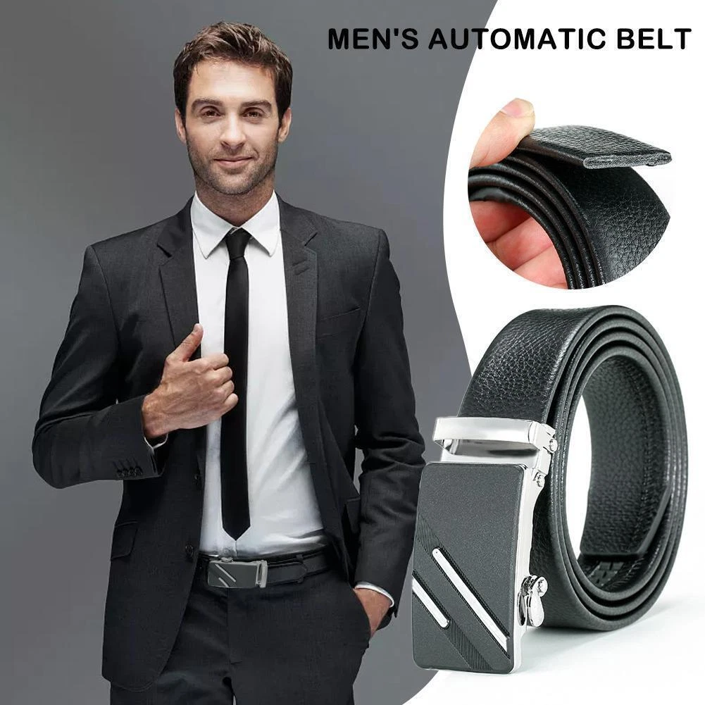 Formal Mens Belts Automatic Buckles Black Leather Ratchet Waist Trousers L3 J6L7