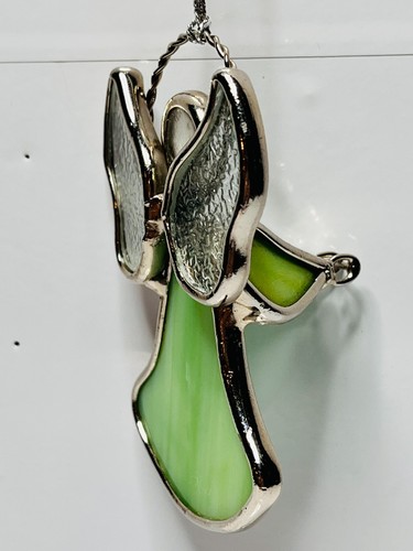 ENGEL ORNAMENT SONNENFÄNGER GLASMALEREI IRISIEREND GRÜN BETENDE HÄNDE VINTAGE - Bild 3 von 5