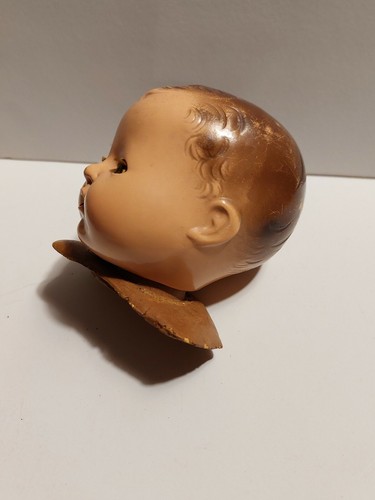 DRINK & WET COMPOSITION DOLL HEAD. GREEN SLEEPY EYES, OPEN MOUTH, MOLDED HAIR - Picture 6 of 11