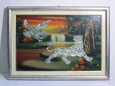 Cadre Oriental Vintage Peint Avec Aigle Et Tigre En Nacre XX Siècle.