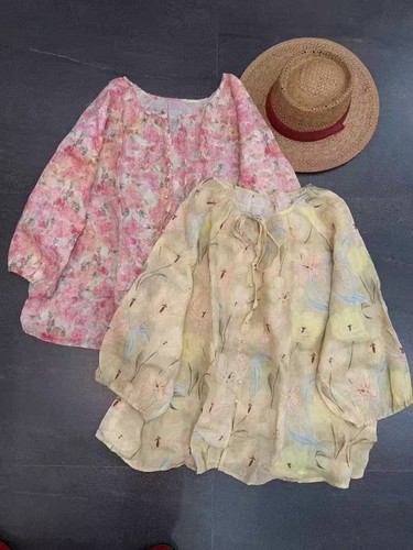Summer New Womens Short Linen Round Collar Shirt T-shirt Floral Loose Casual Top - Bild 18 von 30