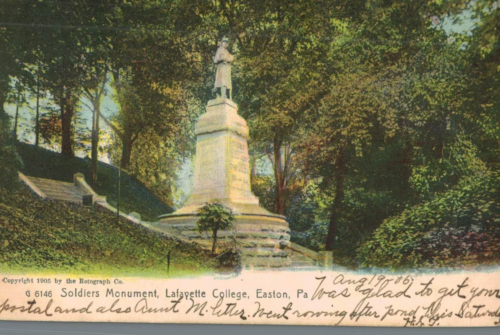 VIntage Postcard-Soldiers Monument, Lafayette College, Easton, PA, 1906 - Afbeelding 1 van 2