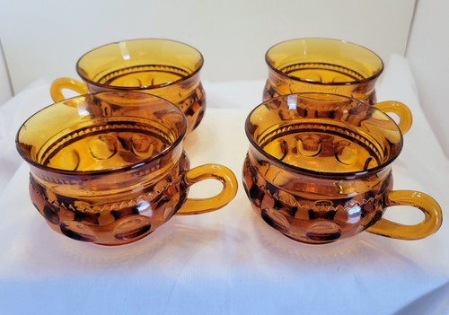4 Vintage Indiana Amber Glass Thumbprint King's Crown Tea Cup Punch Coffee Mug - Picture 2 of 6