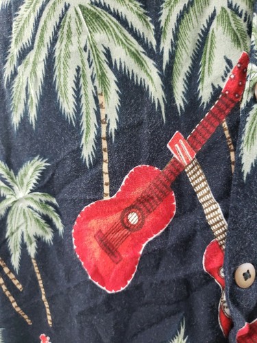 Thumbs Up Hawaiian Button Shirt Men's XL Guitar Trees Black Red Green100% Rayon - Picture 3 of 11