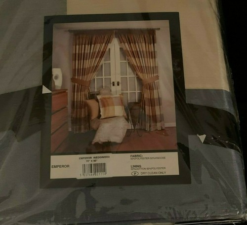 BLUE-CREAM LARGE CHECK CURTAINS LINED NEW IN ORIGINAL PACKAGING WITH TIE BACKS - Picture 9 of 9