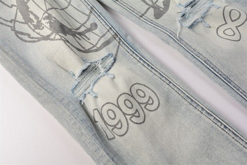 NEW KSUBI Men's Light Blue Ripped Pants High Street Letter Printing Jeans UK - Picture 9 of 22
