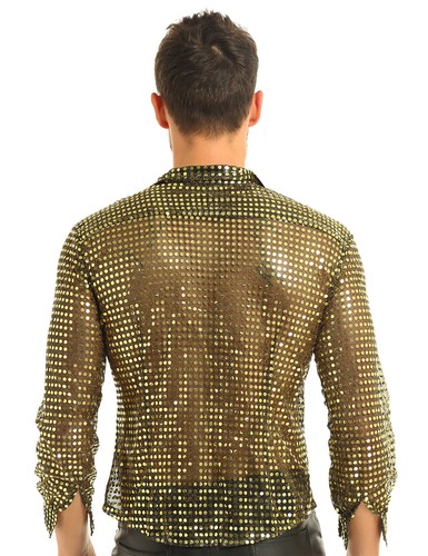 Mens Shiny Sequins Long Sleeve Mesh Sheer Button Down Shirts Disco Top AU - Picture 19 of 47