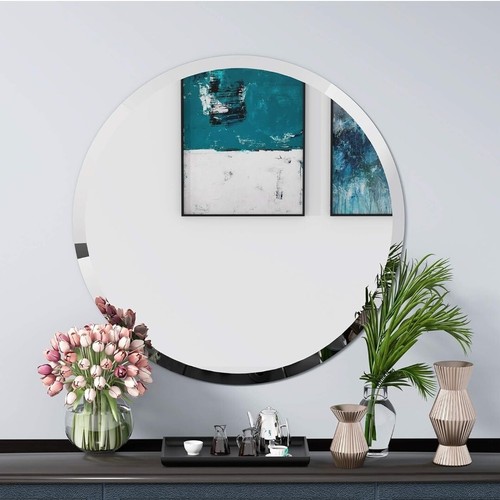 KOHROS Round Beveled Polished Frameless Wall Mirror Bathroom, Vanity, Bedroom - Picture 3 of 5