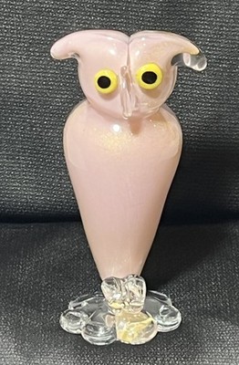 Vintage 1950s Murano Pink Art Glass Owl Figurine Gold Flecks Millefiori Eyes