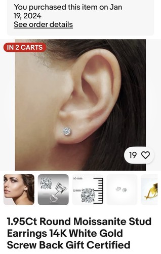 14K White Gold 1.95Ct Round Moissanite Screw Back Stud Earrings Certified New - 第 6/7 張圖片