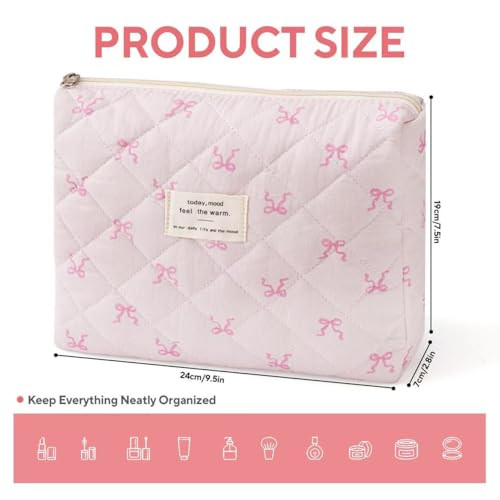 Large Travel Quilted Makeup Bag,Cute Bow Cotton cosmetic bag, M-PINK - Bild 2 von 7