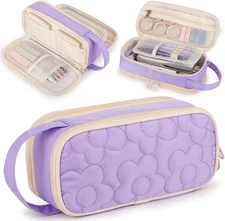 Pencil Case For Girls,Flower Quilted Large Capacity Pencil Pouch With 2 Compartm