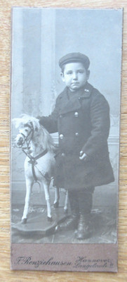 Old portrait cabinet photo/little boy with rocking horse Hanover around 1900