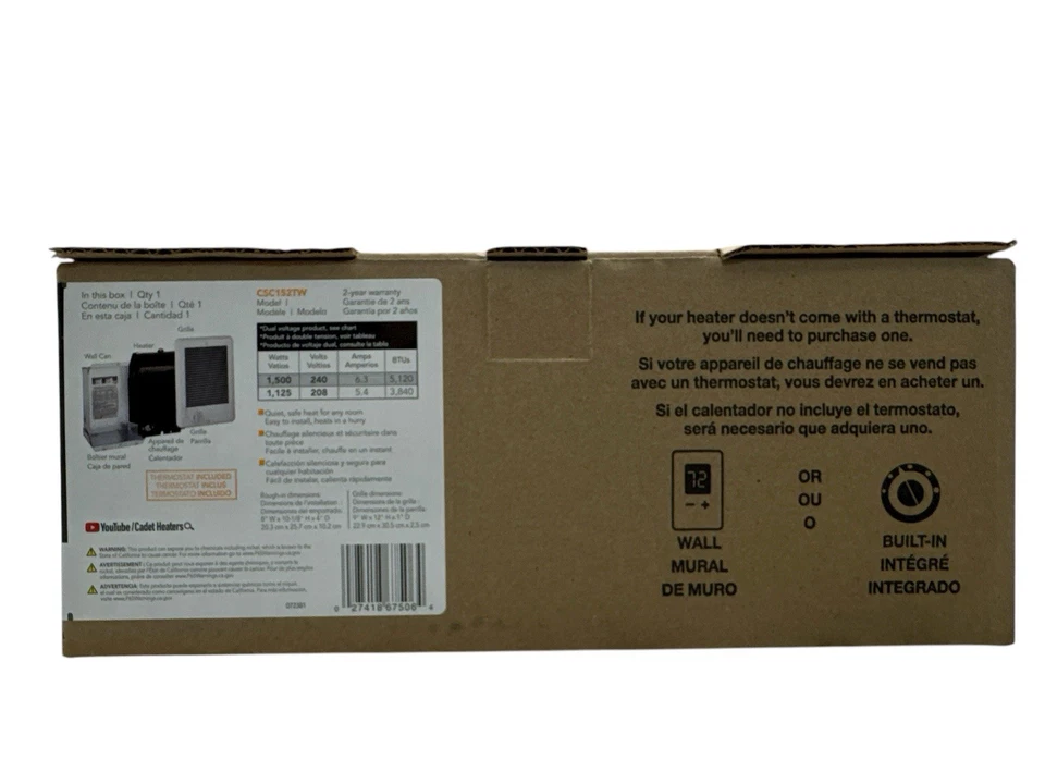 Cadet CSC152TW (67506) Com-Pak Ventilador Eléctrico Calentador Forzado con Termostato Nuevo Foto 4 de 4