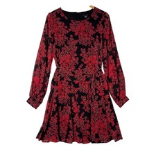Tommy Hilfiger Women Black Red Floral Long Sleeve Belted Fit Flare Dress Size 10