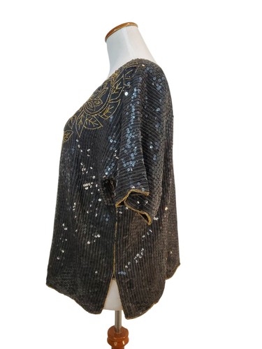Vintage Scala Designer 100% Silk Sequin black Gold 1980s Top Blouse Size XL - Picture 16 of 24