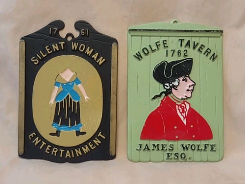 2 Cast Metal Pub Bar Plaques "Silent Woman" "Wolfe Tavern 1762" EMIG 1281, 1178 - Foto 9 di 9