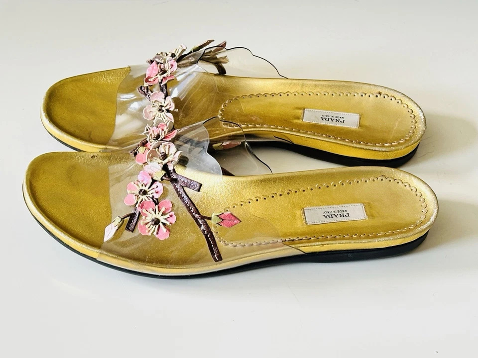 复古普拉达女式贴花金色花朵丝绸拖鞋凉鞋 36.5 码/美国 6.5 码 — 第 4/4 张图片