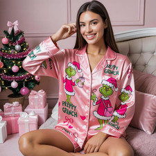 Preppy Grinch Satin Pajama Set, Pink Christmas PJs for Women