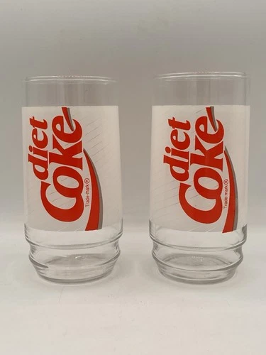 Vintage 2 Diet Coke Trade-Mark Coca-Cola Glass Tumbler Cup Red & White Design