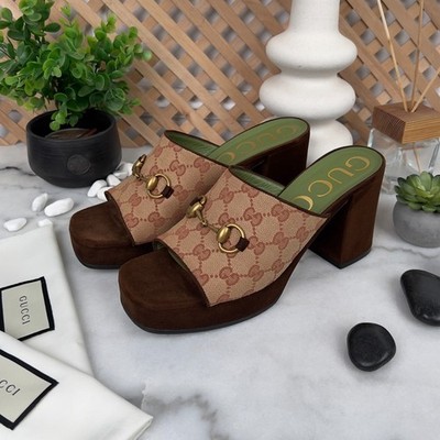 GUCCI GG Monogram Horsebit Houdan Platform Block Heel Sandal Mule 10 US 40 EUR*