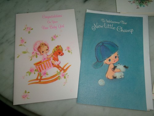 7 tarjetas de felicitación vintage nuevas para bebé niña ~ niño ~ la mayoría sin usar - Imagen 2 de 5