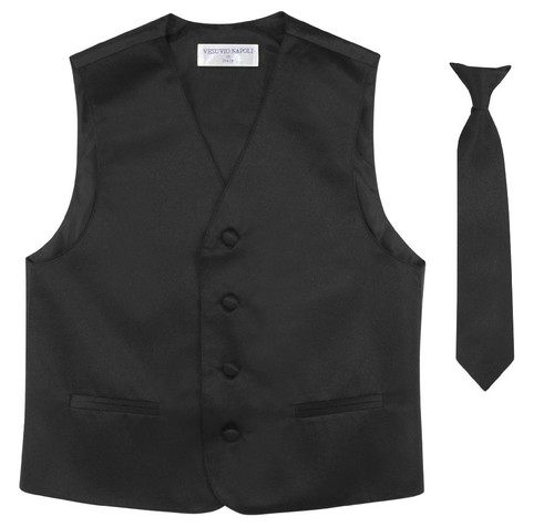 BOY'S Dress Vest & NeckTie Solid BLACK Color Neck Tie Set for Suit / Tux size 12 - Picture 2 of 3